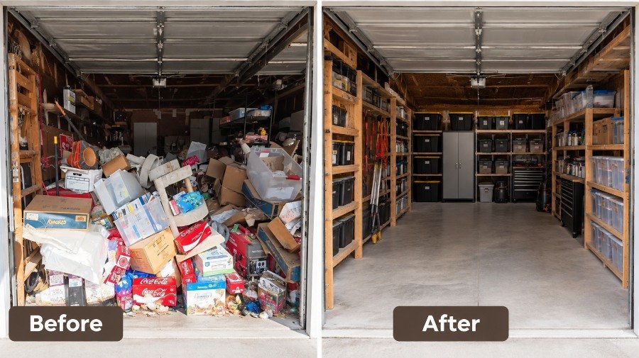 Before and after photos of a packed Hemet garage cleared out and organized