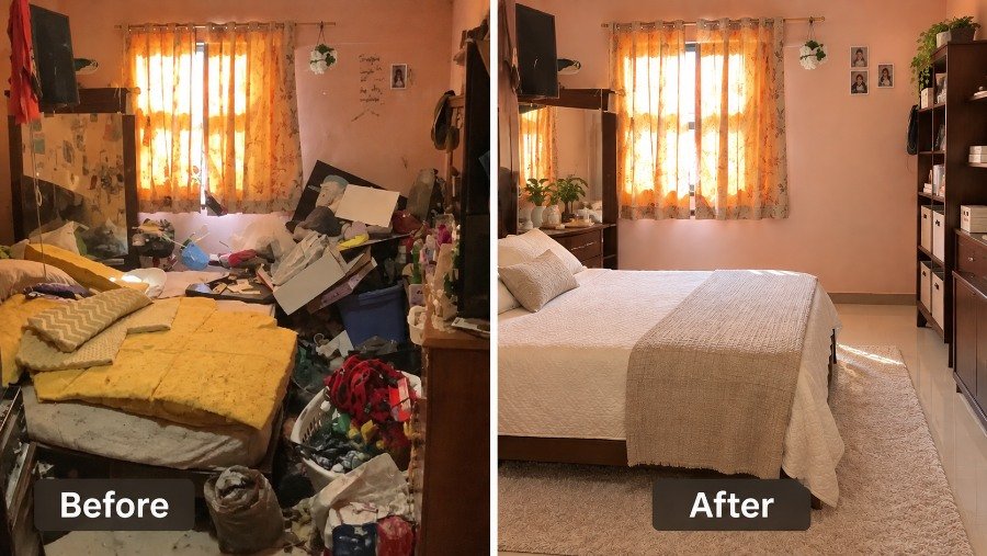Before and after photos of a cluttered bedroom cleared out during a Hemet cleanout